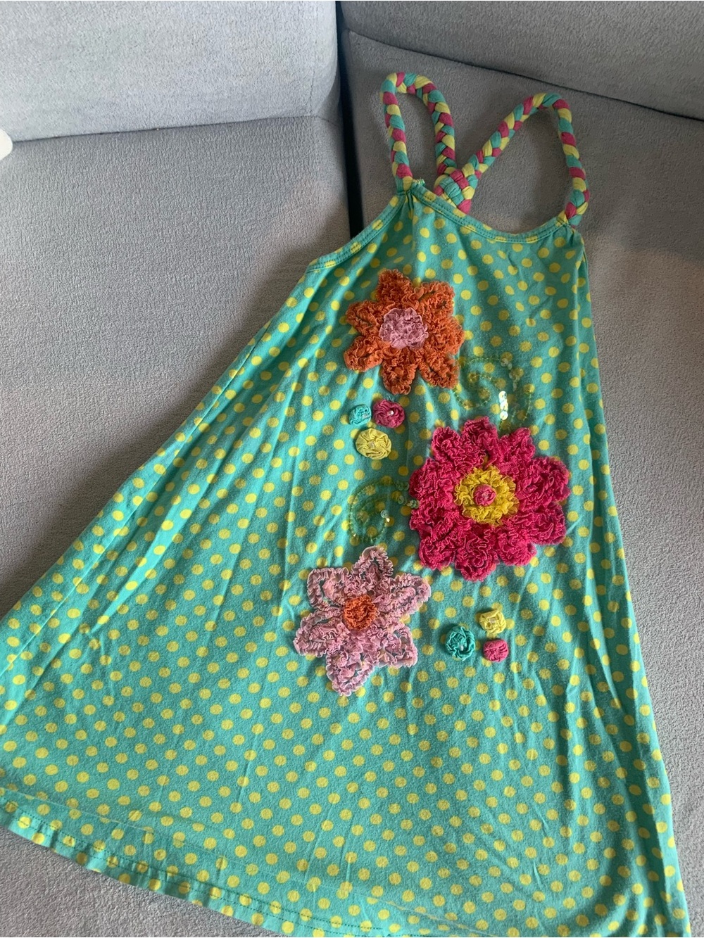 Girls' Mint Green Polka Dot Casual Dress with Crochet Flowers